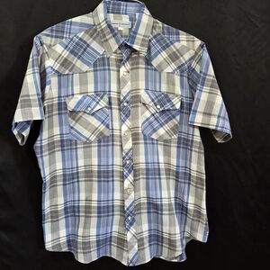 Diamond A Ranchwear Plaid Pearl Snap Western Shirt Blu Sz 16.5 Cowboy Boho *FLAW